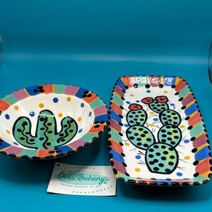 Chris Bubany set of hand painted Cactus inside Ceramic Bowl and Tray Set